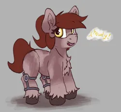Size: 1948x1807 | Tagged: safe, artist:reddthebat, derpibooru import, oc, oc:novella (reddthebat), unofficial characters only, earth pony, pony, chest fluff, coat markings, female, filly, foal, gray background, howdy, image, leg brace, png, simple background, solo, talking to viewer, unshorn fetlocks