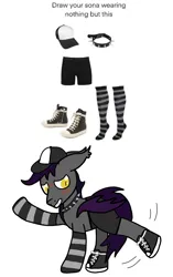 Size: 1122x1784 | Tagged: safe, artist:lostbrony, derpibooru import, oc, oc:specter, unofficial characters only, bat pony, pony, blushing, cap, choker, clothes, ear tufts, embarrassed, fangs, hat, image, jpeg, male, meme, shoes, sneakers, socks, stallion, studded choker, underwear