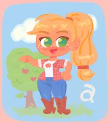 Size: 1655x1864 | Tagged: safe, artist:shugrcube, derpibooru import, applejack, human, apple, apple tree, boots, clothes, cowboy boots, denim, eyebrows, eyebrows visible through hair, food, humanized, image, jeans, looking at you, open mouth, open smile, pants, plaid shirt, png, ponytail, shirt, shoes, smiling, smiling at you, solo, tree