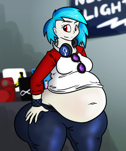 Size: 1250x1500 | Tagged: suggestive, artist:irateliterate, vinyl scratch, human, belly, big belly, digital art, fat, female, hand on hip, headphones, humanized, image, large butt, png, solo, solo female, wide hips