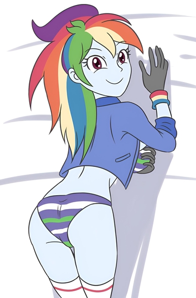 Size: 1268x1920 | Tagged: questionable, artist:sumin6301, derpibooru import, rainbow dash, human, equestria girls, against wall, arm behind head, belly button, bra, breasts, busty rainbow dash, butt, cleavage, clothes, eyebrows, eyebrows visible through hair, female, gloves, hand on breasts, high res, image, jacket, jpeg, looking at you, panties, ponytail, rainbutt dash, rear view, simple background, smiling, smiling at you, socks, solo, solo female, striped bra, striped panties, striped underwear, stupid sexy rainbow dash, thigh highs, underwear, white socks