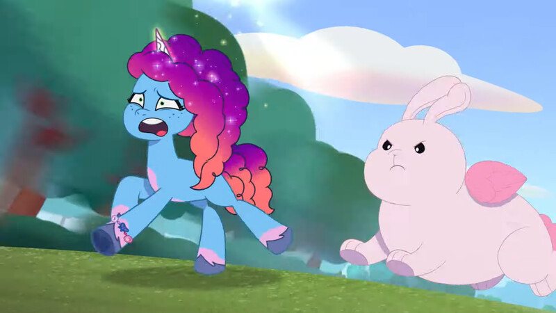 Size: 3072x1727 | Tagged: safe, derpibooru import, screencap, pony, rabbit, unicorn, g5, my little pony: tell your tale, spoiler:g5, spoiler:my little pony: tell your tale, spoiler:tyts01e61, animal, attack of the bunnisus, bunnisus, duo, female, frown, image, jpeg, magic, mare, misty brightdawn, open mouth, rebirth misty, running, telekinesis