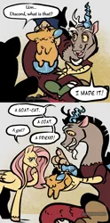 Size: 2344x4728 | Tagged: safe, artist:mod, derpibooru import, discord, fluttershy, oc, oc:poly, draconequus, hybrid, original species, pegasus, pony, 2 panel comic, biting, comic, dialogue, discord being discord, duo, duo male and female, female, hair bite, image, male, mare, pet oc, png, speech bubble