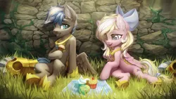Size: 4533x2550 | Tagged: safe, artist:inowiseei, derpibooru import, oc, oc:bay breeze, oc:cloud zapper, unofficial characters only, pegasus, pony, armor, bow, cupcake, duo, duo male and female, eyebrows, female, folded wings, food, grass, guardsmare, hair bow, high res, hoof shoes, image, male, mare, muffin, open mouth, outdoors, pegasus oc, picnic, picnic blanket, png, royal guard, signature, sitting, stallion, wings