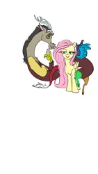 Size: 1080x1920 | Tagged: safe, artist:eversowillow, derpibooru import, discord, fluttershy, draconequus, pegasus, bedroom eyes, dead space, devious smile, discoshy, female, floating, image, jpeg, lidded eyes, lip bite, looking at each other, looking at someone, male, mischievous, phone background, shipping, simple background, standing, straight, white background