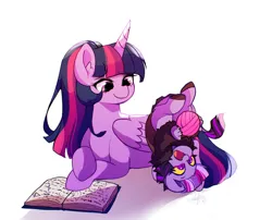 Size: 827x668 | Tagged: safe, artist:riukime, derpibooru import, twilight sparkle, twilight sparkle (alicorn), oc, oc:jinx, alicorn, hybrid, pony, baby, book, cute, duo, female, filly, foal, image, interspecies offspring, jpeg, mother and child, mother and daughter, ocbetes, offspring, parent:discord, parent:twilight sparkle, parents:discolight, simple background, upside down, white background, yarn, yarn ball