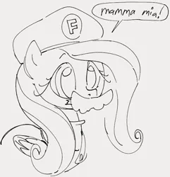 Size: 666x692 | Tagged: safe, artist:dotkwa, derpibooru import, fluttershy, pegasus, pony, cap, clothes, cosplay, costume, cute, fake moustache, female, gray background, grayscale, hat, image, mama mia, mare, monochrome, overalls, png, shyabetes, simple background, sketch, solo, super mario bros.