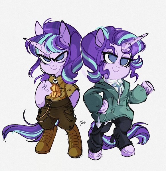 Size: 1420x1465 | Tagged: safe, artist:disaterror, derpibooru import, starlight glimmer, pony, semi-anthro, unicorn, boots, chibi, clothes, duality, hoodie, image, jpeg, lidded eyes, pants, s5 starlight, shirt, shoes, smiling, unshorn fetlocks