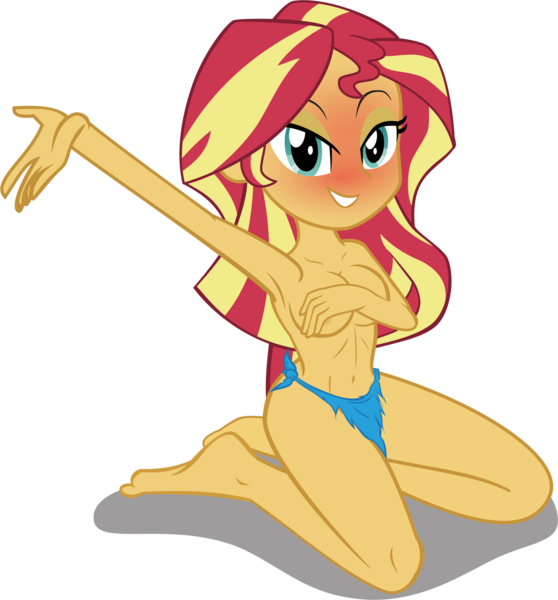 Size: 1896x2040 | Tagged: questionable, sunset shimmer, equestria girls, blushing, clothes, covering, female, handbra, image, jungle girl, kneeling, loincloth, partial nudity, png, solo, solo female, topless