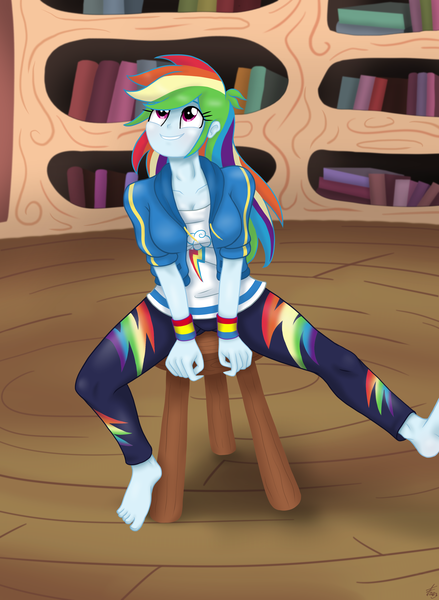 Size: 2838x3883 | Tagged: safe, artist:lennondash, derpibooru import, rainbow dash, human, equestria girls, testing testing 1-2-3, 2d, barefoot, breasts, cleavage, clothes, cute, cutie mark, cutie mark on clothes, dashabetes, equestria girls interpretation, feet, female, g4, golden oaks library, high res, hoodie, image, indoors, jacket, leggings, library, looking up, pants, png, scene interpretation, shirt, sitting, smiling, solo, stool, stooldash, teenager, thunderbolt, toes, wristband