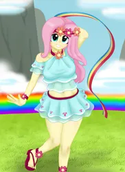 Size: 2975x4092 | Tagged: safe, artist:lennondash, derpibooru import, fluttershy, human, equestria girls, rainbow falls, adorasexy, arm behind head, belly button, breasts, busty fluttershy, clothes, cloud, cute, equestria girls interpretation, feet, female, floral head wreath, flower, grin, high res, image, looking at you, midriff, png, rainbow, sandals, scene interpretation, see-through, sexy, shyabetes, skirt, smiling, solo, stupid sexy fluttershy