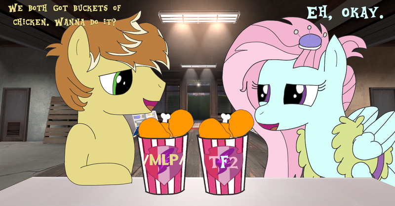 Size: 1360x711 | Tagged: safe, derpibooru import, feather bangs, kerfuffle, earth pony, pegasus, pony, /mlp/ tf2 general, bucket of chicken, chicken meat, cutie mark crusaders patch, dialogue, food, fried chicken, image, meat, png, scout, team fortress 2, text