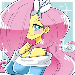 Size: 2000x2000 | Tagged: safe, artist:eemapso, derpibooru import, fluttershy, equestria girls, big hair, blush sticker, blushing, bust, clothes, hair over one eye, image, jpeg, lidded eyes, looking at you, off shoulder, pony coloring, smiling, smiling at you, solo, white pupils