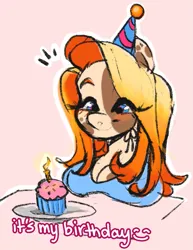 Size: 1007x1302 | Tagged: safe, artist:paintedcora, derpibooru import, oc, oc:painted cora, anthro, birthday, birthday candles, blush sticker, blushing, breast rest, breasts, busty oc, cleavage, cupcake, eye clipping through hair, food, hat, image, party hat, pink background, png, simple background, smiling