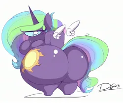Size: 2715x2282 | Tagged: suggestive, artist:thelunarmoon, derpibooru import, princess celestia, alicorn, among us, bedroom eyes, big breasts, boobs and butt pose, breasts, busty princess celestia, butt, female, floating wings, huge butt, image, impossibly large butt, impossibly large thighs, impossibly wide hips, jpeg, large butt, looking at you, looking back, looking back at you, signature, simple background, solo, solo female, species swap, sunbutt, the ass was fat, thighs, thunder thighs, white background, wide hips, wings