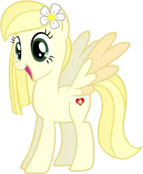 Size: 852x1038 | Tagged: safe, artist:tankman, derpibooru import, oc, oc:daisy heart, unofficial characters only, pegasus, pony, daisy (flower), flower, green eyes, happiness, happy, image, looking at you, open mouth, pegasus oc, png, simple background, smiling, solo, spread wings, transparent background, wings, yellow mane, yellow skin