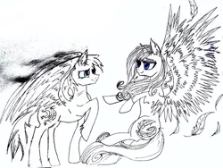 Size: 960x720 | Tagged: safe, artist:hysteriana, derpibooru import, oc, ponified, pegasus, pony, blue eyes, crowfeather, duo, duo male and female, feather, feathered wings, feathertail, female, flying, folded wings, image, love, male, old art, png, romantic, simple background, spread wings, torn ear, warrior cats, white background, wings