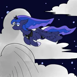 Size: 3508x3508 | Tagged: safe, artist:ponny, derpibooru import, princess luna, alicorn, pony, cloud, colored, flying, image, night, png, solo, spread wings, stars, wings