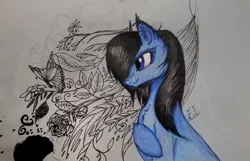 Size: 2560x1651 | Tagged: safe, artist:hysteriana, derpibooru import, oc, oc:zira, butterfly, earth pony, insect, pony, abstract background, brushie, earth pony oc, flower, image, old art, png, request, traditional art, violet eyes