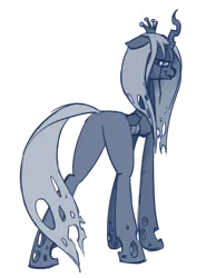 Size: 774x1000 | Tagged: safe, artist:okiedokielowkey, queen chrysalis, changeling, changeling queen, bedroom eyes, bugbutt, butt, female, floppy ears, image, looking back, monochrome, png, simple background, slit eyes, smiling, smirk, solo, standing, transparent background