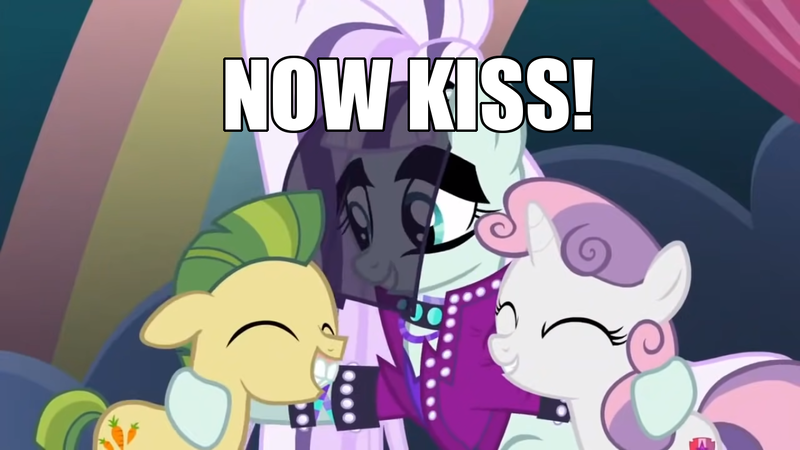 Size: 1366x768 | Tagged: safe, derpibooru import, edit, edited screencap, screencap, carrot crunch, coloratura, sweetie belle, earth pony, pony, unicorn, the mane attraction, bucktooth, caption, colt, countess coloratura, cute, eyes closed, female, filly, foal, grin, hug, image, image macro, impact font, implied shipping, male, mare, meme, now kiss, png, smiling, text