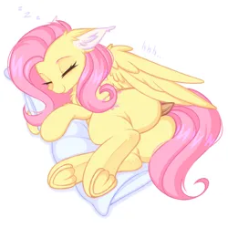 Size: 3000x3000 | Tagged: safe, artist:pesty_skillengton, derpibooru import, fluttershy, oc, pegasus, pony, cute, female, image, mare, pillow, png, simple background, sleeping, solo, tail, text, white background, wings