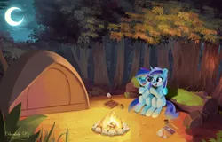 Size: 2001x1280 | Tagged: safe, artist:darksly, derpibooru import, minuette, oc, oc:laser shine, earth pony, unicorn, campfire, earth pony oc, fire, forest, image, jpeg, moon, night, s'mores, tent, tree