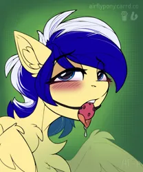 Size: 1000x1200 | Tagged: suggestive, artist:airfly-pony, derpibooru import, oc, oc:animatedpony, unofficial characters only, pegasus, 2023, ahegao, ballgag, blue eyes, blue mane, blushing, commission, female, gag, green background, image, looking at you, looking back, looking back at you, open mouth, pegasus oc, pegasus wings, png, simple background, tongue out, white mane, wings, ych result, yellow wings