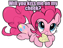 Size: 585x442 | Tagged: safe, artist:muffinz, edit, editor:undeadponysoldier, ponerpics import, ponybooru import, pinkie pie, earth pony, pony, blushing, cute, daaaaaaaaaaaw, diapinkes, female, gif, happy, heart, image, implied kissing, inviting, lying down, mare, prone, solo, talking to viewer, text