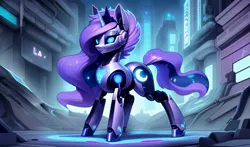 Size: 3264x1920 | Tagged: safe, derpibooru import, machine learning generated, stable diffusion, princess luna, alicorn, pony, robot, robot pony, ai content, city, cyberpunk, ethereal mane, ethereal tail, female, generator:easyfluff v11.2, image, jpeg, mare, night, prompter:siber, roboticization, solo, tail