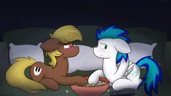 Size: 5120x2880 | Tagged: safe, artist:japkozjad, derpibooru import, oc, oc:hurrcio, oc:thunderled, unofficial characters only, earth pony, pegasus, pony, blushing, bowl, couch, cutie mark, duo, duo male, earth pony oc, food, gay couple, holding hooves, image, lidded eyes, lying, male, pegasus oc, pillow, png, popcorn, remote, romantic, stallion, vignette, wings
