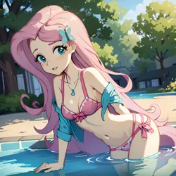 Size: 1536x1536 | Tagged: safe, derpibooru import, fluttershy, equestria girls, ai content, bikini, clothes, flower, house, image, png, simple background, solo, swimming pool, swimsuit, transparent background, tree, water