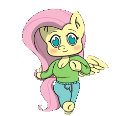 Size: 498x451 | Tagged: safe, artist:mranthony2, derpibooru import, fluttershy, anthro, pegasus, animated, chibi, clothes, cute, dancing, gif, idolmaster, image, mio honda, simple background, skipping, solo, step!, transparent background