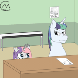 Size: 3200x3200 | Tagged: safe, artist:maître cervidé, derpibooru import, oc, oc:arcana glyph, oc:snow flex, pony, unicorn, animated, bed, behind you, butt, cute, desk, doctor, female, gif, glasses, i watch it for the ears, image, male, mare, not shining armor, not sweetie belle, plot, silly, silly pony, stallion