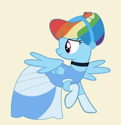 Size: 1214x1256 | Tagged: safe, artist:brightstar40k, derpibooru import, rainbow dash, pegasus, pony, alternate hairstyle, cinderella, clothes, dress, evening gloves, female, gloves, image, long gloves, mare, png, rainbow dash always dresses in style, smiling, solo, solo female, spread wings, wings