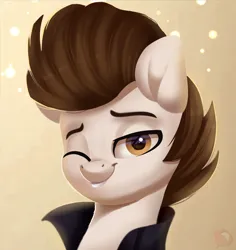 Size: 1920x2030 | Tagged: safe, artist:joaothejohn, derpibooru import, oc, oc:ashwind, pegasus, pony, bust, clothes, commission, cute, image, jacket, lidded eyes, looking at you, male, pegasus oc, png, portrait, simple background, smiling, smiling at you, smirk, solo, wings