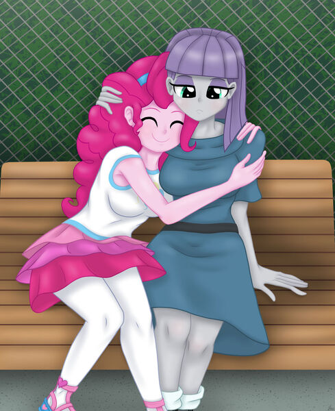 Size: 1280x1571 | Tagged: safe, artist:lennondash, derpibooru import, maud pie, pinkie pie, human, equestria girls, bench, breasts, busty maud pie, busty pinkie pie, clothes, cute, diapinkes, duo, duo female, eyes closed, female, fence, hug, image, jpeg, maudabetes, sibling love, sisterly love, sitting, skirt, smiling, tanktop
