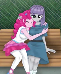 Size: 1280x1571 | Tagged: safe, artist:lennondash, derpibooru import, maud pie, pinkie pie, human, equestria girls, bench, breasts, busty maud pie, busty pinkie pie, clothes, cute, diapinkes, duo, duo female, eyes closed, female, fence, hug, image, jpeg, maudabetes, sibling love, sisterly love, sitting, skirt, smiling, tanktop