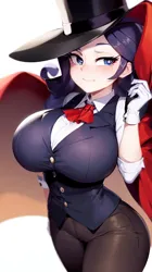 Size: 512x912 | Tagged: suggestive, derpibooru import, machine learning generated, stable diffusion, rarity, human, :i, ai content, big breasts, breasts, busty rarity, cape, clothes, cravat, cuffs (clothes), elegant, gloves, hat, huge breasts, humanized, image, looking at you, png, prompter:cloudmaster316, shirt, solo, tight clothing, vest
