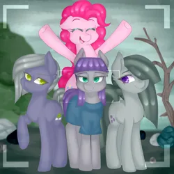 Size: 3000x3000 | Tagged: safe, artist:oniiponii, derpibooru import, limestone pie, marble pie, maud pie, pinkie pie, earth pony, pony, camera shot, clothes, eyes closed, female, group, image, mare, outdoors, pie sisters, png, raised hoof, siblings, sisters, smiling