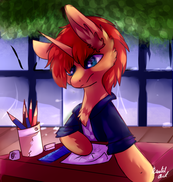 Size: 2522x2652 | Tagged: safe, artist:krissstudios, derpibooru import, oc, pony, unicorn, image, male, pencil, png, pnoy, solo, stallion