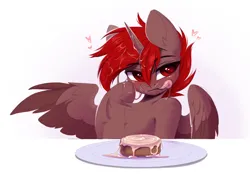 Size: 1556x1081 | Tagged: suggestive, artist:kebchach, derpibooru import, oc, oc:hardy, alicorn, pony, chest fluff, cinnamon bun, dirty, dish, ear fluff, food, heart, heart eyes, image, licking, licking lips, looking at you, male, plate, png, spread wings, stallion, tongue out, wingding eyes, wings