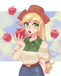 Size: 2436x3066 | Tagged: safe, artist:dalsegno, derpibooru import, applejack, equestria girls, apple, belt, clothes, cowboy hat, eating, food, hat, image, jpeg, looking at you, shirt, skirt, solo