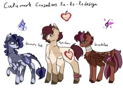 Size: 828x621 | Tagged: safe, artist:mushroombuttons1, artist:realmushroombuttons, derpibooru import, apple bloom, scootaloo, sweetie belle, unofficial characters only, earth pony, pegasus, pony, unicorn, alternate design, alternate hairstyle, bandage, bandaid, chest fluff, cutie mark crusaders, ear fluff, ear piercing, earring, female, image, jewelry, jpeg, leonine tail, mare, markings, necklace, obtrusive watermark, older, older apple bloom, older cmc, older scootaloo, older sweetie belle, piercing, raised hoof, redesign, simple background, tail, twitterina design, unshorn fetlocks, watermark, white background