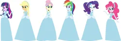 Size: 1652x561 | Tagged: safe, artist:erikomclaggen1892, artist:selenaede, derpibooru import, applejack, fluttershy, pinkie pie, rainbow dash, rarity, twilight sparkle, human, equestria girls, alternate hairstyle, applejack also dresses in style, base used, cinderella, cindershy, clothes, dress, evening gloves, gloves, gown, image, long gloves, mane six, one eye closed, png, ponytail, rainbow dash always dresses in style, smiling, wink