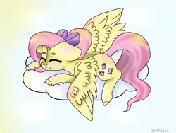Size: 1600x1200 | Tagged: safe, artist:jorge-styx, derpibooru import, fluttershy, pegasus, pony, beanbrows, bow, cloud, eyebrows, eyes closed, hair bow, image, lying down, lying on a cloud, on a cloud, png, solo, spread wings, wings