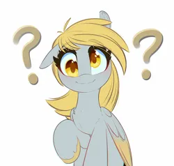 Size: 1000x952 | Tagged: safe, artist:inkypuso, derpibooru import, derpy hooves, pegasus, pony, blushing, chest fluff, colored pupils, cute, derpabetes, female, image, jpeg, looking at you, mare, one ear down, question mark, simple background, smiling, smiling at you, solo, white background