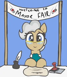 Size: 1760x2030 | Tagged: safe, artist:t72b, derpibooru import, mayor mare, earth pony, pony, banner, female, glasses, hooves on the table, image, ink, looking at you, mare, neckerchief, png, pun, quill, scroll, sitting, smiling, solo