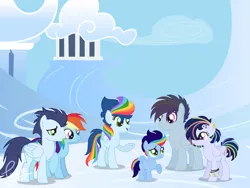 Size: 827x621 | Tagged: safe, artist:tarakuna, derpibooru import, rainbow dash, soarin', oc, oc:astral wing, oc:cloud force, oc:lunar aura, oc:twister, pegasus, pony, colt, family, female, filly, foal, image, jpeg, male, mare, offspring, parent:rainbow dash, parent:soarin', parents:soarindash, shipping, soarindash, stallion, straight