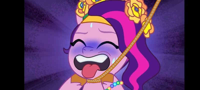Size: 1520x684 | Tagged: semi-grimdark, derpibooru import, edit, edited screencap, screencap, pipp petals, pegasus, pony, g5, my little pony: tell your tale, bridlewoodstock (tell your tale), distressed, hanging (by neck), image, png, solo, suffocating, this will end in death, you know for kids